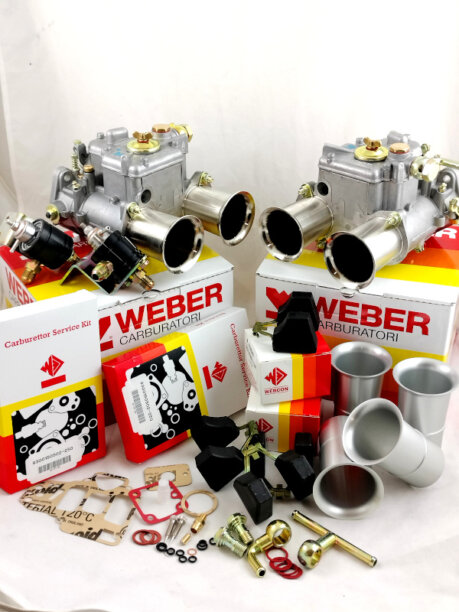 accessori e kit carburatori weber doppio corpo tipo alfa romeo dcoe kit revisione trombette di aspirazione galleggiante plastico resina racing set getti del massimo getti del minimo raccordi tubazioni impianto benzina preparazione auto storica alfa romeo bmw fiat